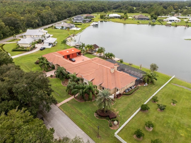 bird's eye view with a water view