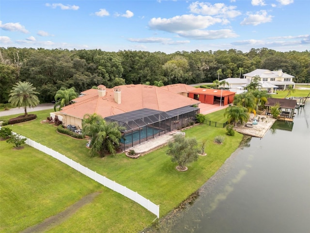 drone / aerial view with a water view