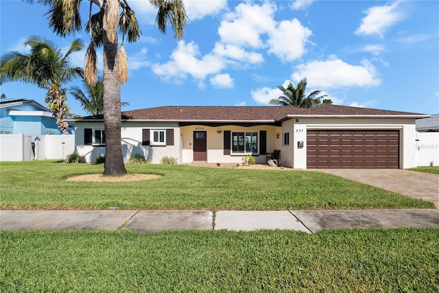 ranch-style home with a porch, a garage, and a front lawn