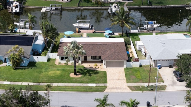 bird's eye view with a water view