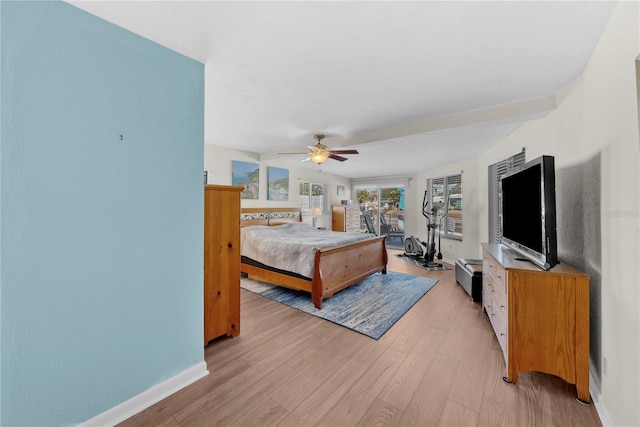 bedroom featuring light hardwood / wood-style flooring and ceiling fan