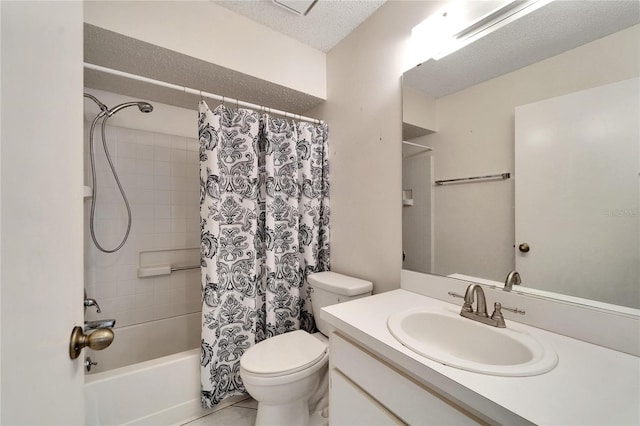 full bathroom with vanity, a textured ceiling, shower / bath combo with shower curtain, tile patterned floors, and toilet