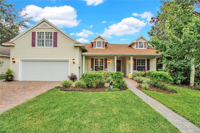 front of property with a garage, a porch, and a front lawn