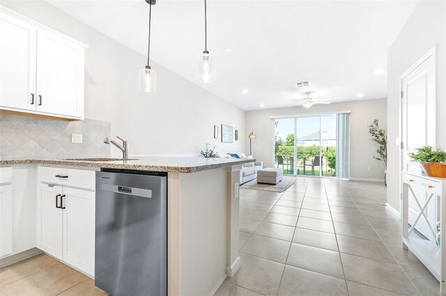 kitchen with white cabinets, ceiling fan, stainless steel dishwasher, and sink