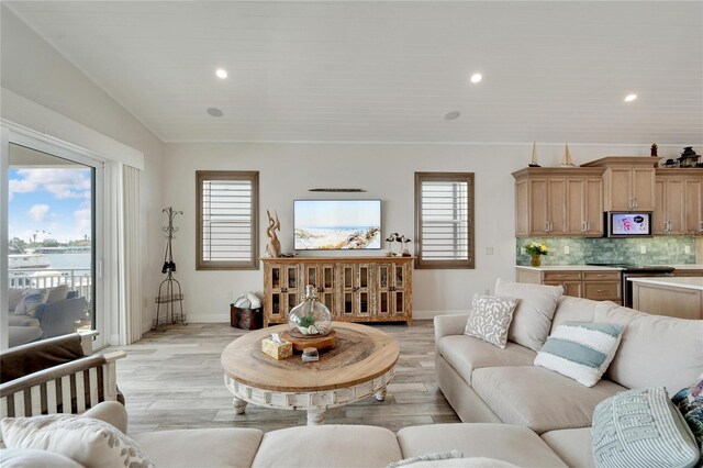 living room featuring plenty of natural light and light hardwood / wood-style flooring