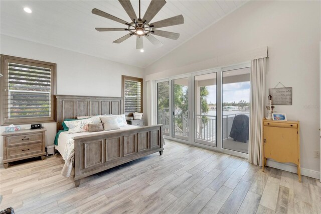 bedroom featuring high vaulted ceiling, ceiling fan, light hardwood / wood-style floors, and access to outside