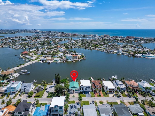 drone / aerial view with a water view