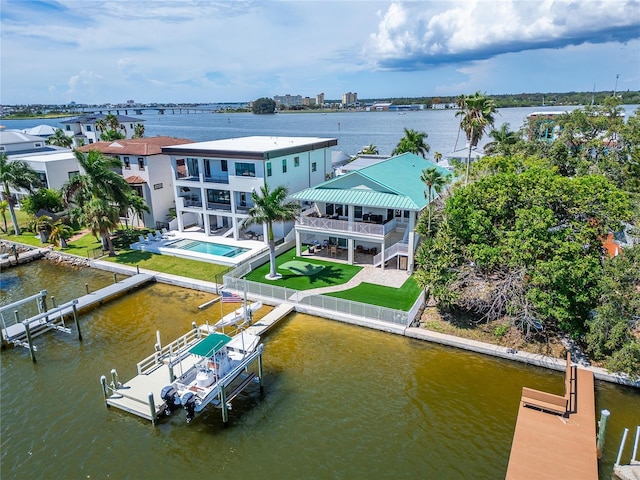 drone / aerial view featuring a water view