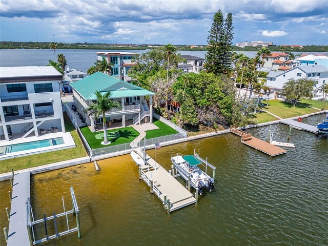 bird's eye view with a water view