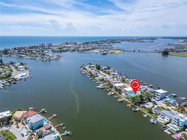 drone / aerial view featuring a water view