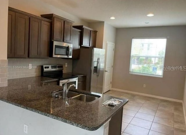 kitchen featuring dark stone counters, tasteful backsplash, stainless steel appliances, kitchen peninsula, and sink