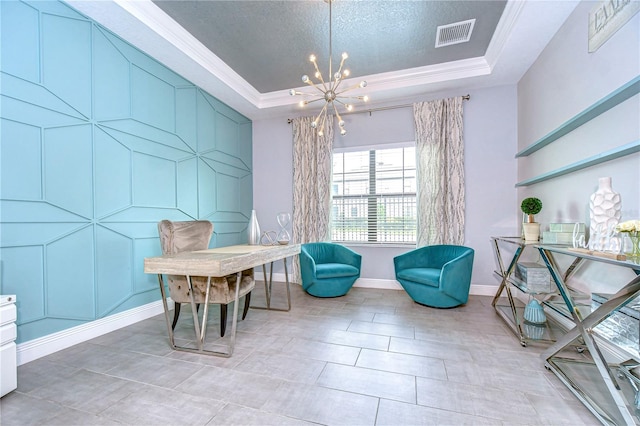 living area featuring crown molding, a notable chandelier, a tray ceiling, light tile patterned flooring, and a textured ceiling