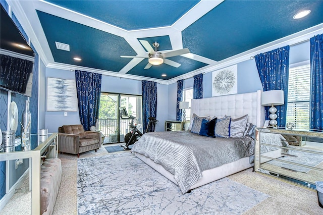 bedroom with ornamental molding and ceiling fan