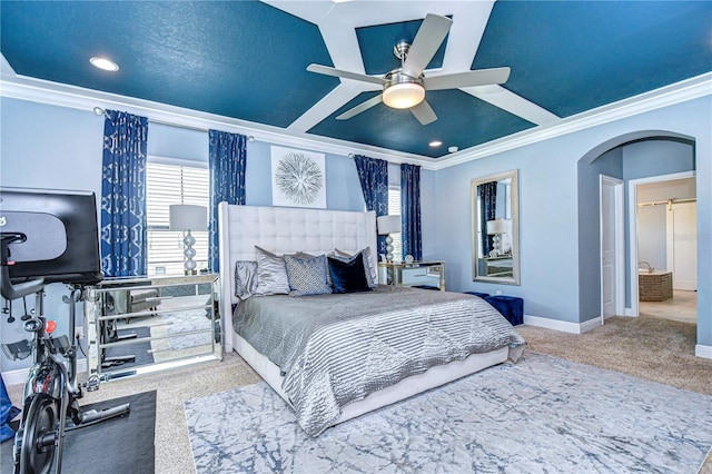 bedroom with crown molding, ceiling fan, and carpet flooring