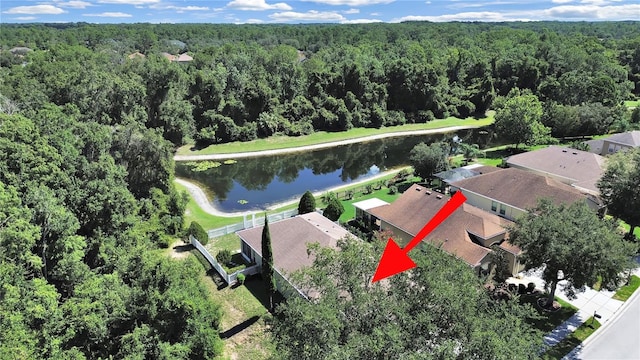 drone / aerial view featuring a water view and a wooded view