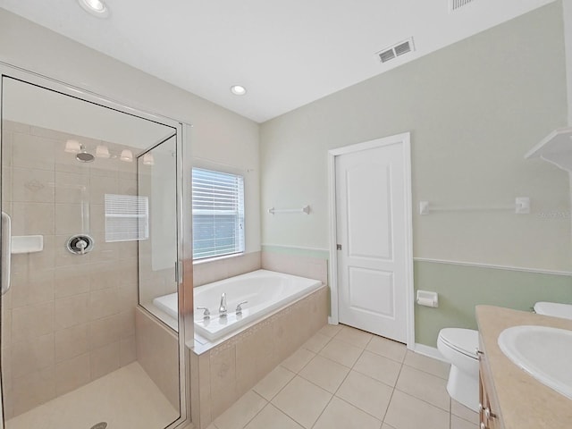 full bath featuring tile patterned floors, visible vents, vanity, and a shower stall