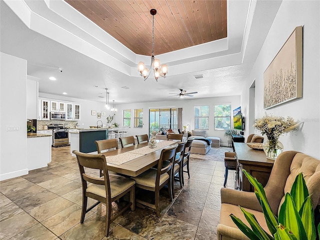 dining space with ceiling fan with notable chandelier, a raised ceiling, sink, and wooden ceiling