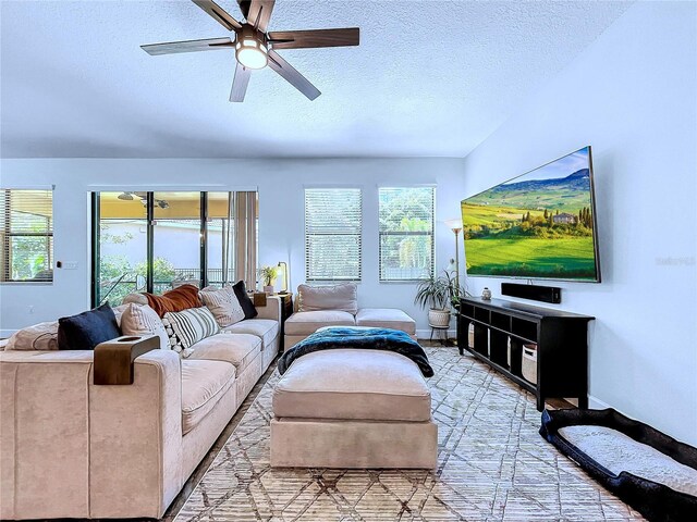 living room with a textured ceiling and ceiling fan