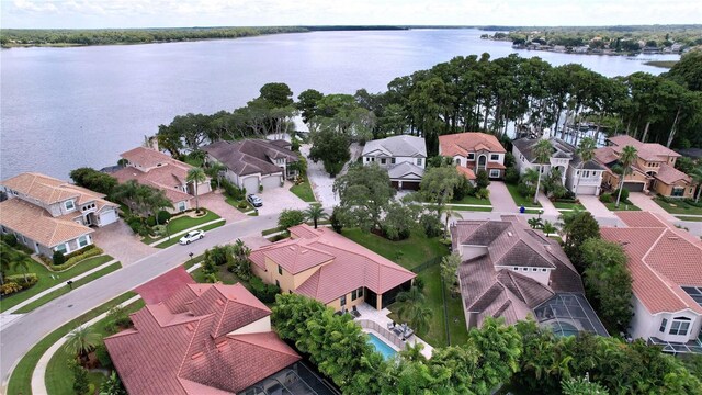 drone / aerial view featuring a water view