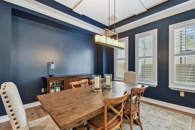 dining area featuring wood-type flooring and crown molding