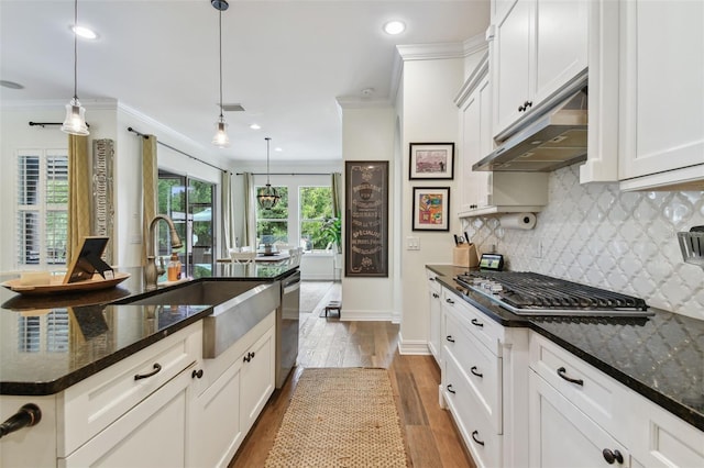 kitchen featuring pendant lighting, white cabinetry, appliances with stainless steel finishes, dark stone countertops, and dark hardwood / wood-style flooring