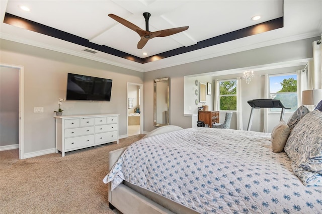 bedroom featuring ceiling fan with notable chandelier, a tray ceiling, ornamental molding, and light colored carpet