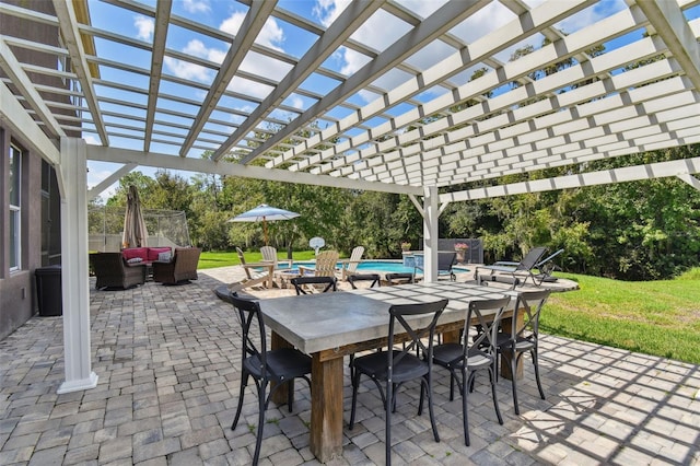 view of patio / terrace featuring a pergola and an outdoor hangout area