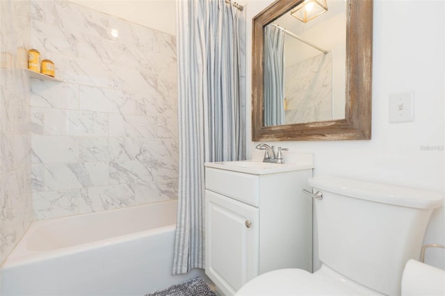 full bathroom featuring vanity, toilet, and shower / bathtub combination with curtain