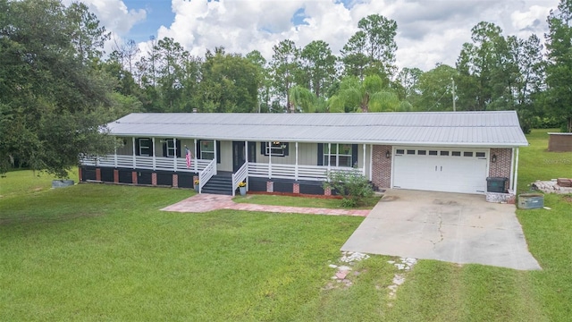 single story home with a garage, a front lawn, and covered porch