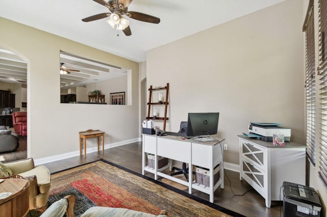 office featuring dark hardwood / wood-style flooring and ceiling fan