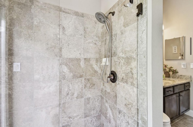 interior details featuring toilet, a tile shower, and vanity