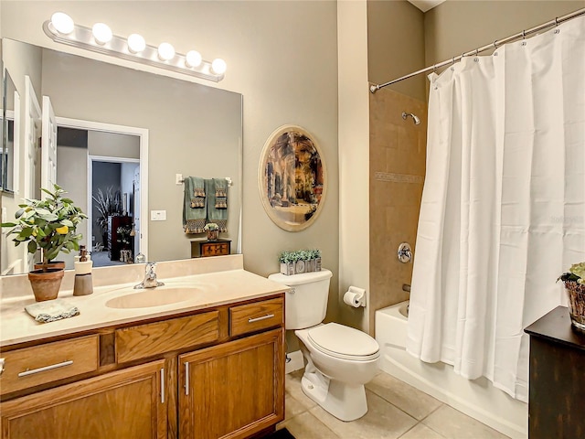 full bathroom featuring tile patterned flooring, toilet, shower / tub combo, and vanity