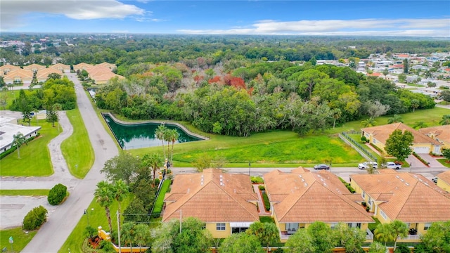 drone / aerial view with a water view