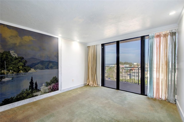 unfurnished room with baseboards, ornamental molding, a wall of windows, and light colored carpet