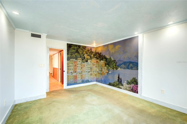 carpeted spare room featuring recessed lighting, visible vents, crown molding, and baseboards