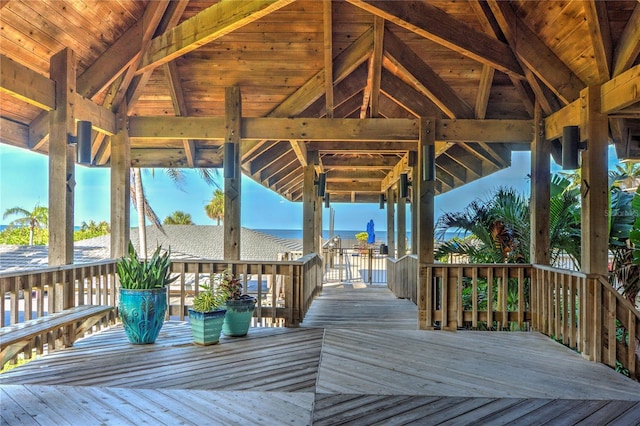 deck featuring a water view and a gazebo