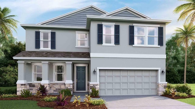 craftsman inspired home featuring driveway, stone siding, an attached garage, and stucco siding