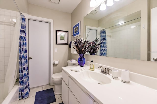 full bathroom with tile patterned flooring, vanity, toilet, and shower / tub combo