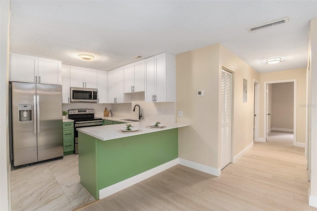 3822 Cortez Dr Unit D, Tampa, FL 33614 - kitchen with appliances with stainless steel finishes, green cabinetry, a sink, a textured ceiling, and a peninsula