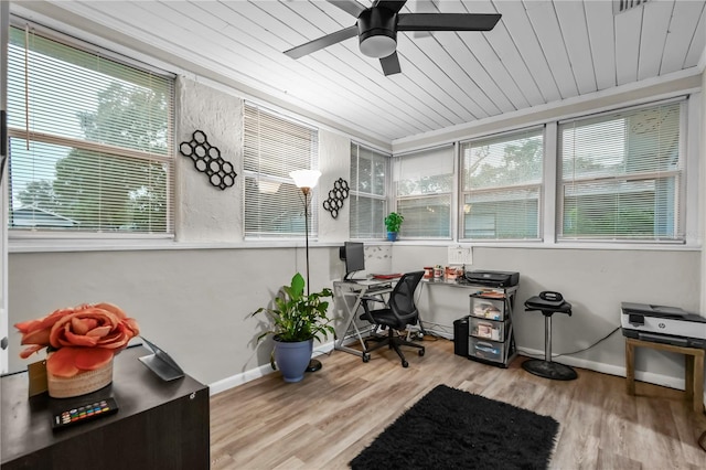 home office with light wood-type flooring, a healthy amount of sunlight, ceiling fan, and wooden ceiling