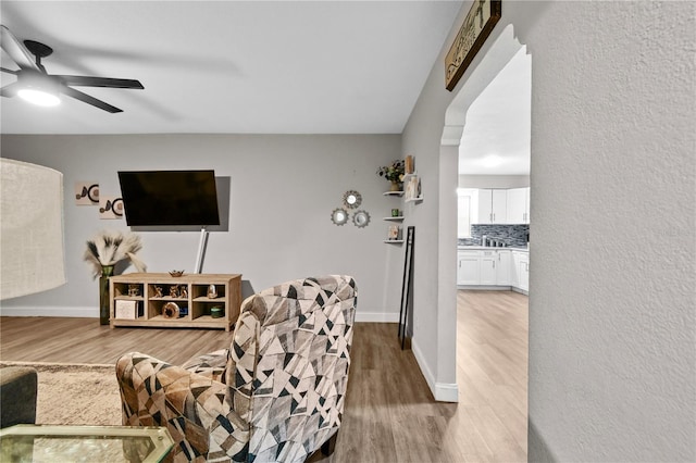 living room with ceiling fan and hardwood / wood-style flooring