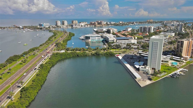 drone / aerial view featuring a water view