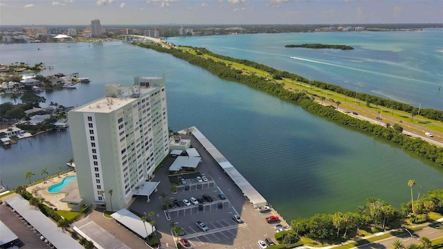 birds eye view of property featuring a water view