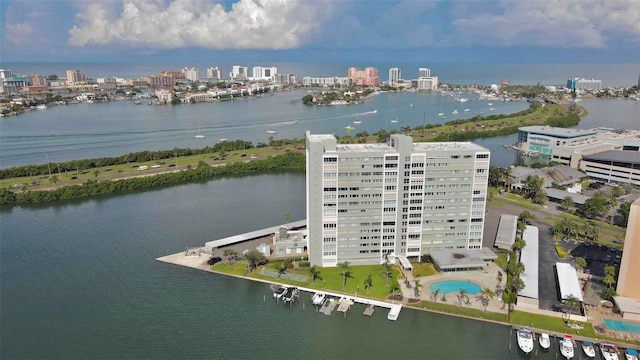 aerial view with a water view and a city view