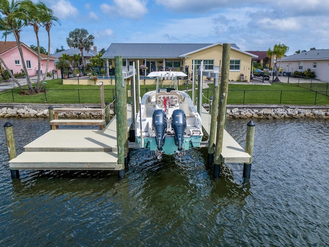 dock area featuring a lawn and a water view