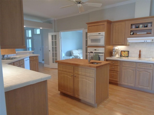 kitchen featuring ornamental molding, a center island with sink, ceiling fan, and light hardwood / wood-style floors