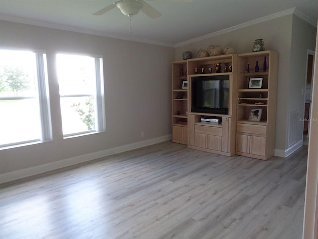 unfurnished living room featuring crown molding, ceiling fan, and light hardwood / wood-style floors