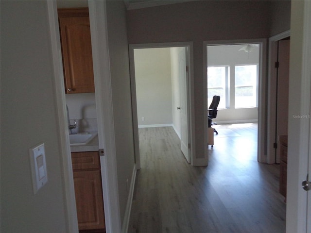 corridor featuring sink and light hardwood / wood-style floors