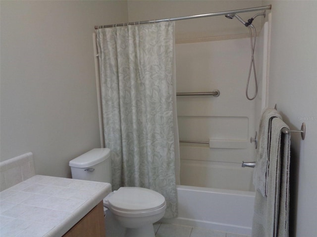 full bathroom featuring tile patterned floors, toilet, shower / tub combo, and vanity