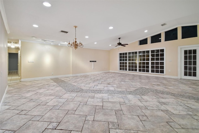 empty room featuring baseboards, visible vents, ornamental molding, vaulted ceiling, and ceiling fan with notable chandelier